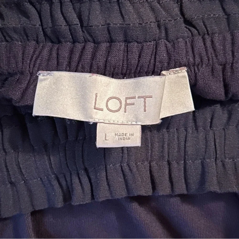 Loft Womens Lg Navy Blue Off The Shoulder Chiffon Blouse Windowpane Puff Sleeve